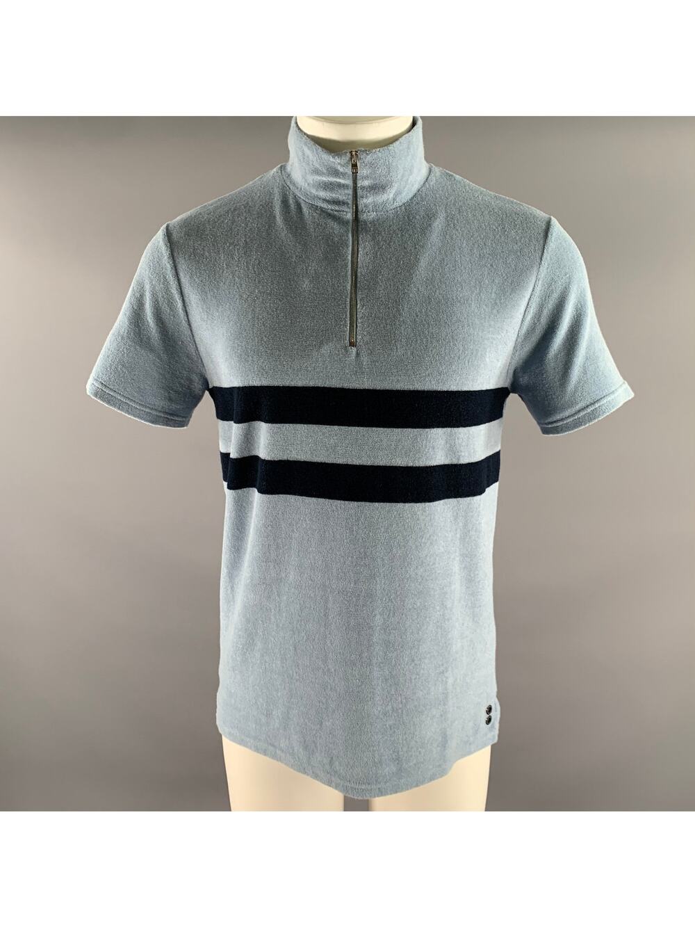 RON DORFF M Blue Navy Stripe Cotton Blend Terry Zip Mock Neck Short Sleeve Polo